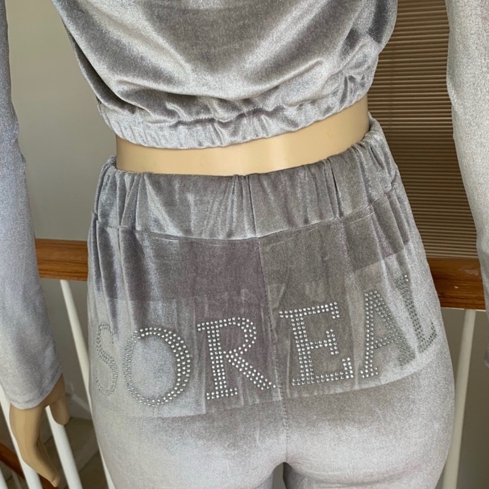 Velvet rhinestone off shoulder & legging pant